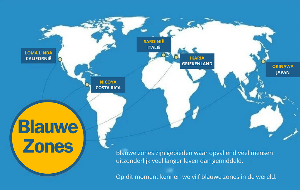 De gebieden van de blauwe zones