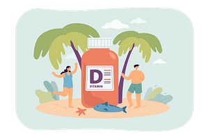 Mensen op het strand met een grote pot Vitamine-D supplementen