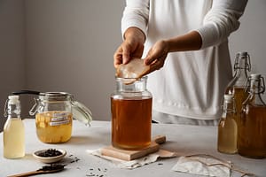 Man die kombucha maakt met Scoby